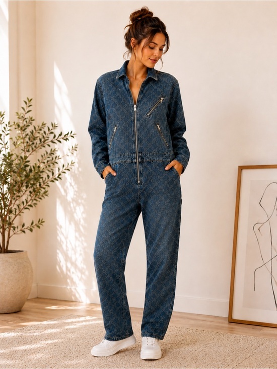 Pants - Denim Zip-Front Jumpsuit in Deep Blue